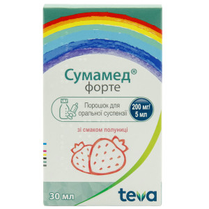СУМАМЕД ФОРТЕ порошок оральної суспензії зі смаком полуниці 200 мг/5 мл (1200 мг) флакон 30 мл