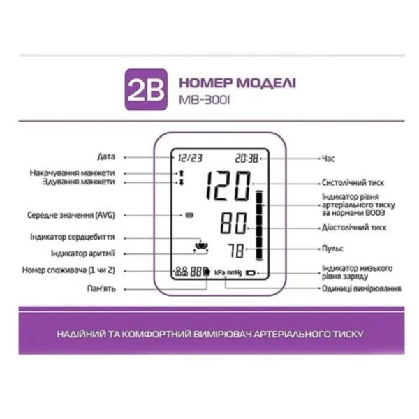 Вимірювач артеріального тиску (тонометр) автоматичний 2В МВ-300I