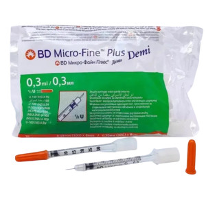 Шприц інсуліновий U-100 BD Micro-Fine Plus DEMI 0,3 мл з двома голками 30G (0,30 x 8.0 мм) 10 шт